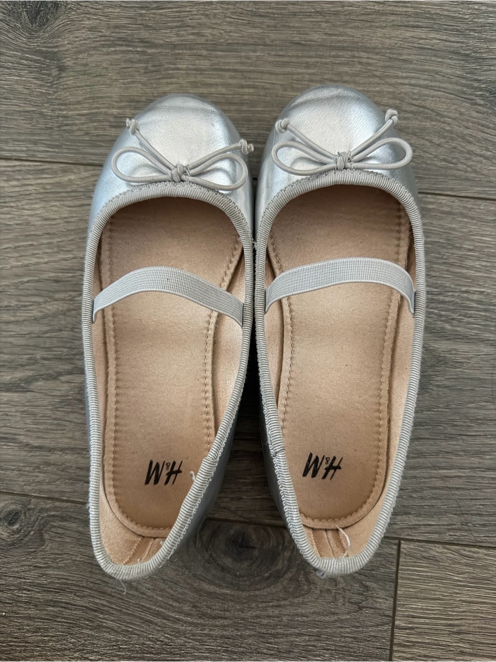 H&M Metallic Silver Girls' Ballet Flats with Bow and Elastic Strap